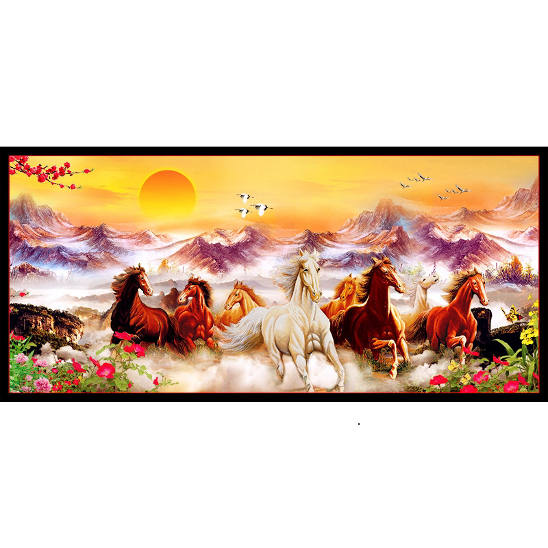 Tranh mã đáo thành công, tranh DECAL dán tường phủ kim sa cao cấp, tranh treo phòng khách KT120 x 80