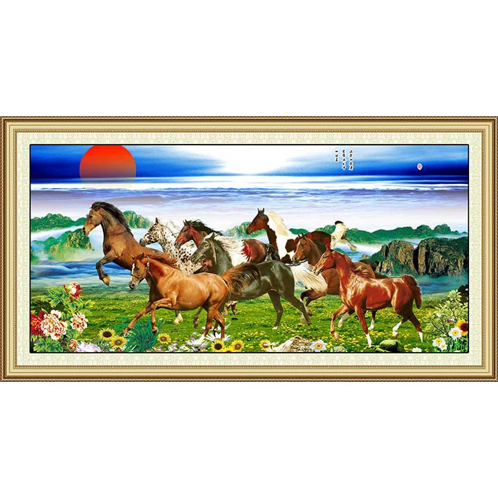 tranh DECAL dán tường phủ kim sa cao cấp, Tranh mã đáo thành công, tranh treo phòng khách KT120 x 80