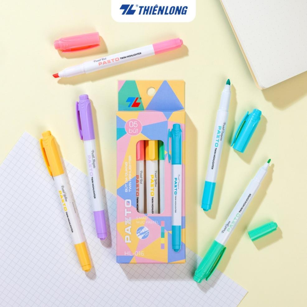 Hộp 5 bút dạ quang 2 đầu màu Pastel Thiên Long Pazto HL-016 - Màu highlight rửa được - Không để lại 