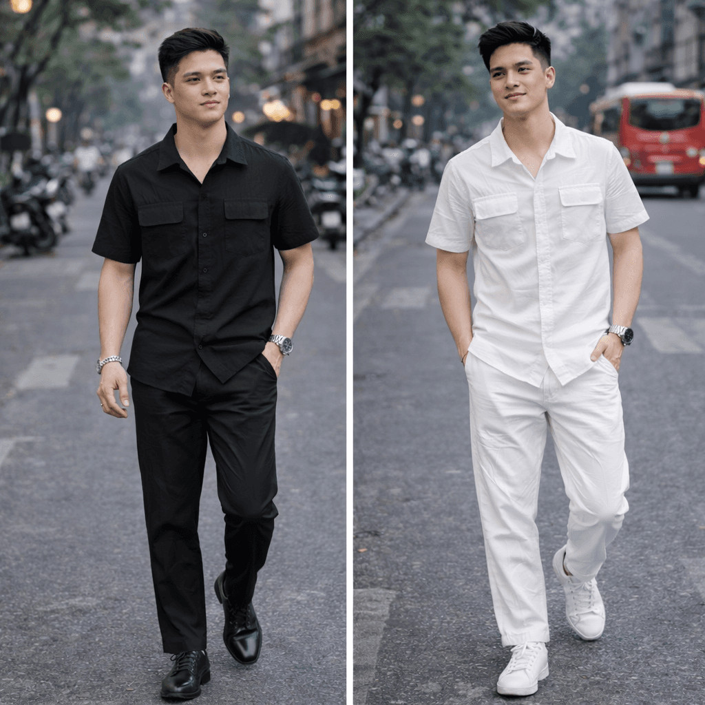 Bộ Quần Áo Đũi Nam Cổ Bẻ Áo Cộc Quần Dài – Set Đũi Nam Cao Cấp Thoáng Mát, Thời Trang Nam Mùa Hè B18