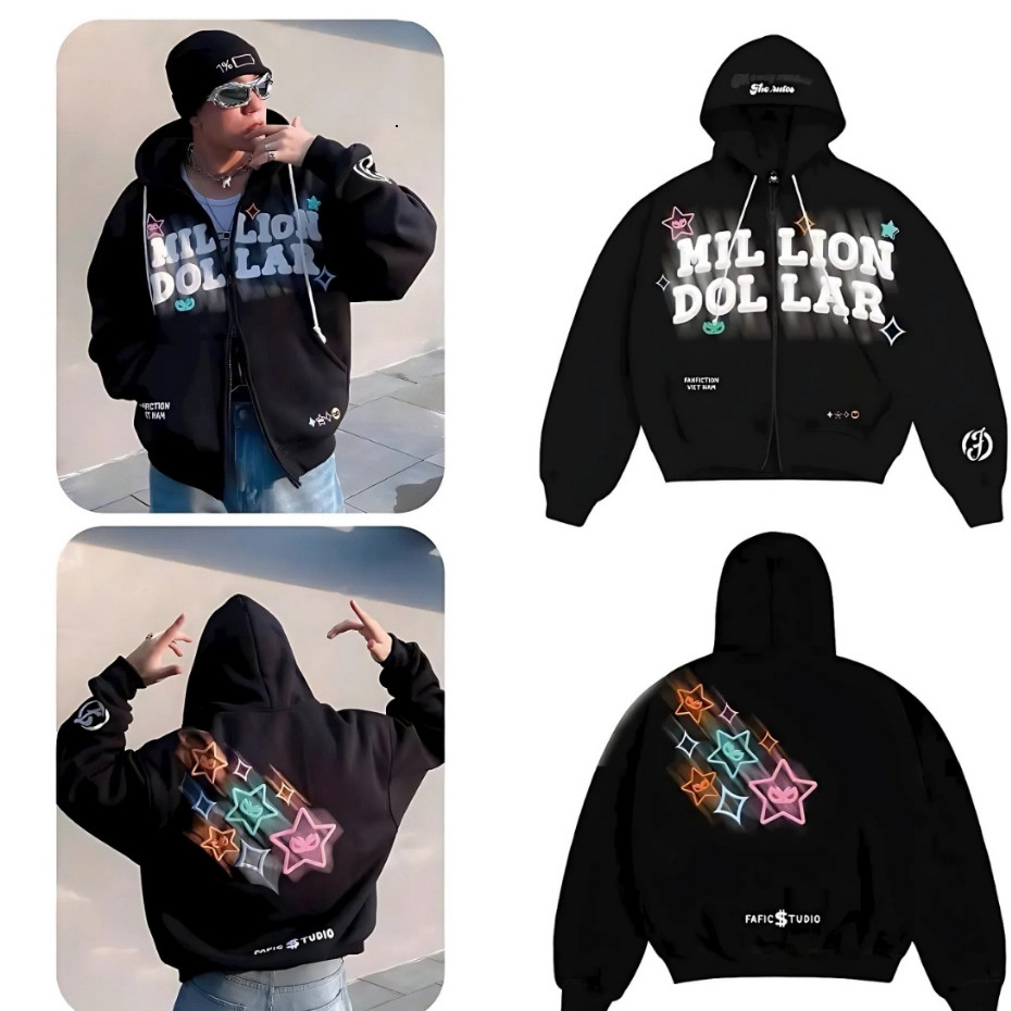 𝑳𝒂𝒑_𝑺𝒕𝒐𝒓𝒆 Áo khoác hoodie Nam Nữ nỉ bông In nỗi Boxy Millon D0llar nữ Jacket nỉ bông khóa 2 chiều Ca
