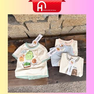Bộ quần áo họa tiết dễ thương hello kitty, gấu, khủng long mix quần kẻ caro nhiều màu cho bé C196 - HNOrderChina