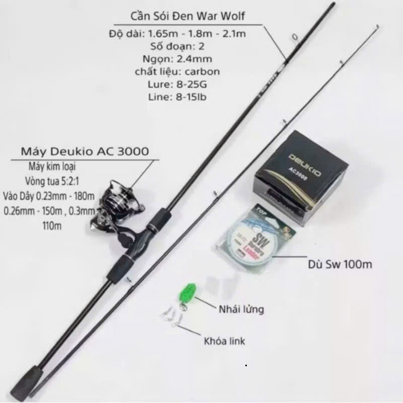 (sale)  Bộ Combo Cần Câu Lure Máy Đứng Deukio AC2000 Đáng MUA, Bộ Phụ Kiện Cần Câu Cá Lure Sói Đen