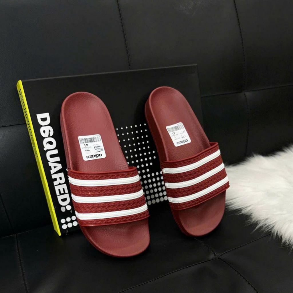 Dép Quai Ngang ADIDAS 3 Sọc Trắng Đỏ Nam Nữ Đế Cao Su Đúc Size 38-43 slippers Đế Bằng dép boy phố