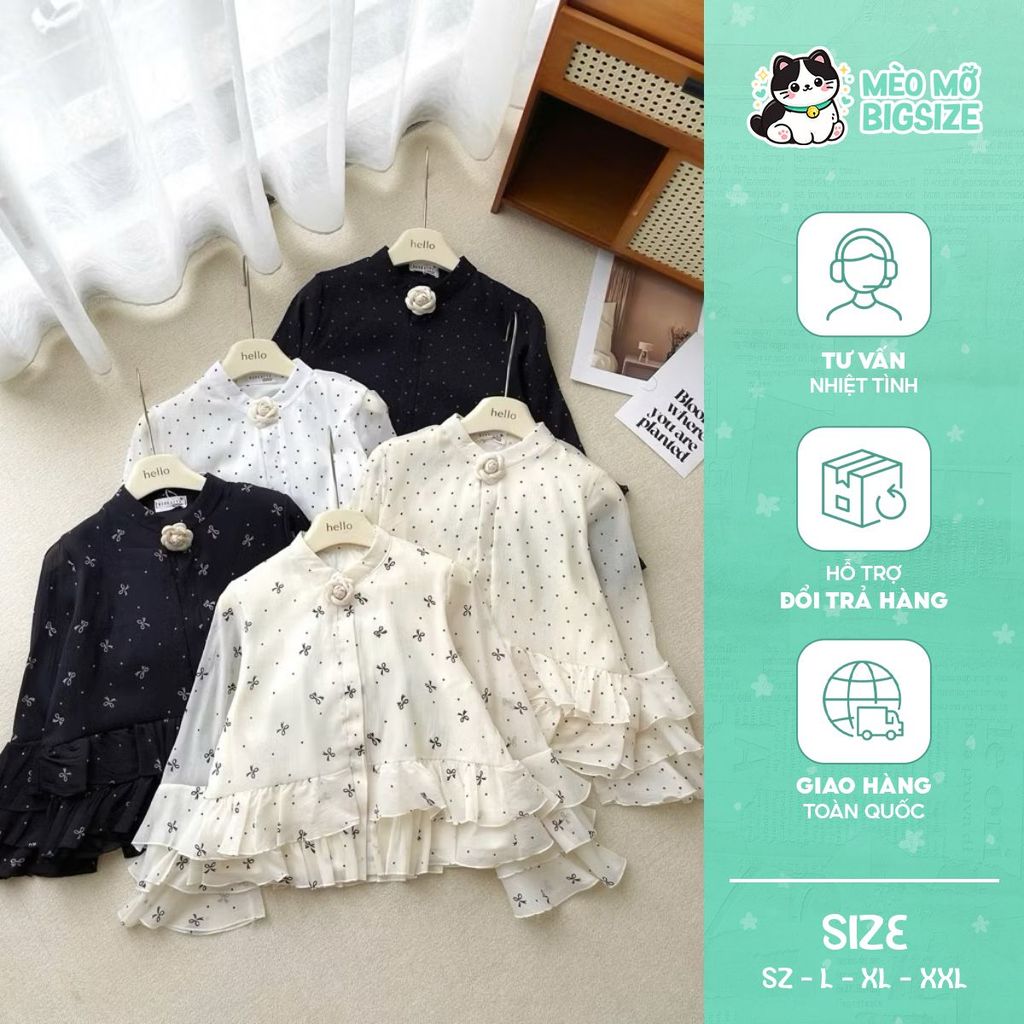 Mèo Mỡ Bigsize—Áo kiểu sơmi chấm bi tay loe bèo tầng bigsize 60-90kg