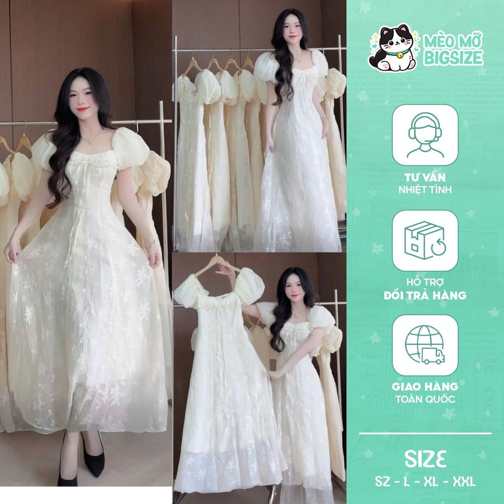 [MÈO MỠ BIGSIZE 60-90kg] — Đầm midi hoa nổi dáng dài tay phồng LiLy Bigsize 60-90kg