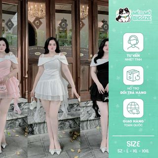 Mèo Mỡ Bigsize — Đầm thiết kế trễ vai đính nơ xoè tầng đuôi tôm (có mút) bigsize 60-95kg