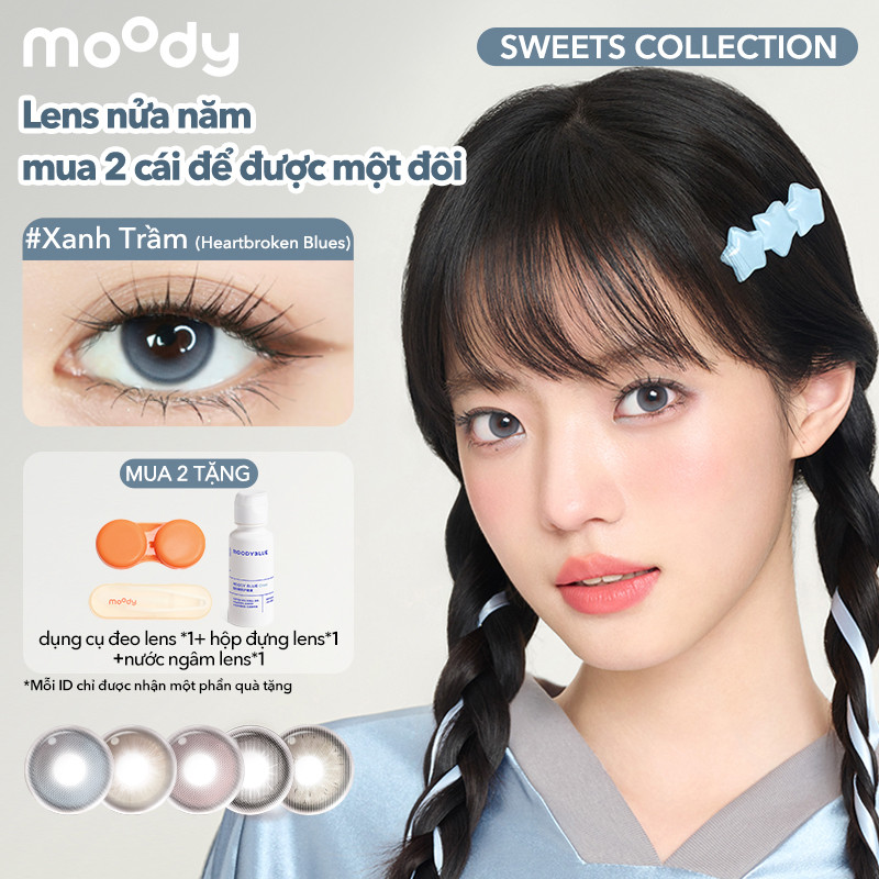 [moody 6 tháng - 01 chiếc] Lens moody 6 tháng màu Xanh Trầm ngọt ngào trong trẻo, cận 0-7, 14.0 - 14