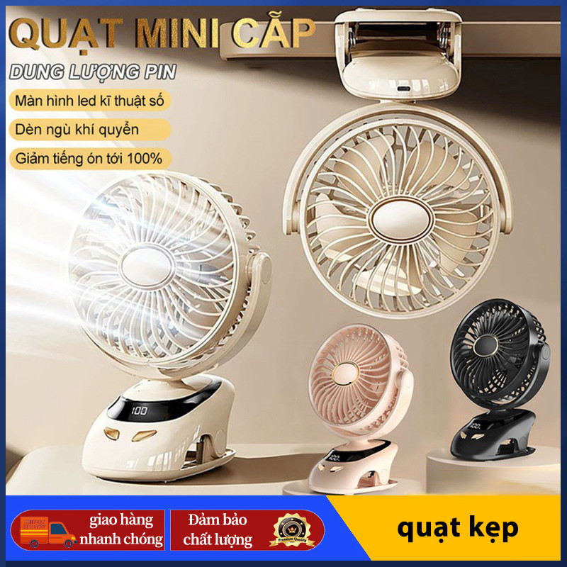 Quạt kẹp bàn Mini Tích Hợp Đèn Ngủ Cao Cấp,Tích Điện Pin 6000/12000mAh Điều chỉnh năm bánh răng,GF07