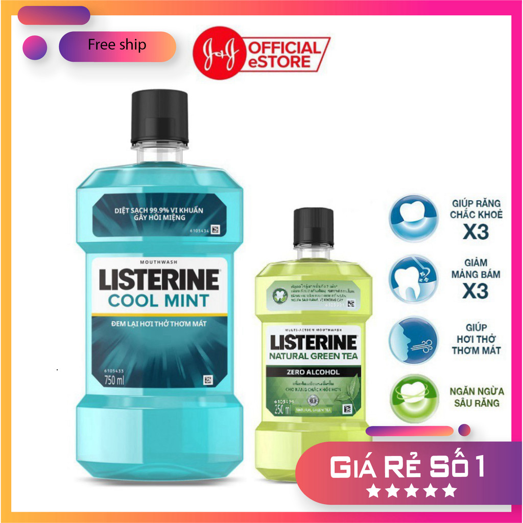 Combo Nước súc miệng hơi thở thơm mát Listerine Cool Mint 750+250ml nước súc miệng Listerine Green T