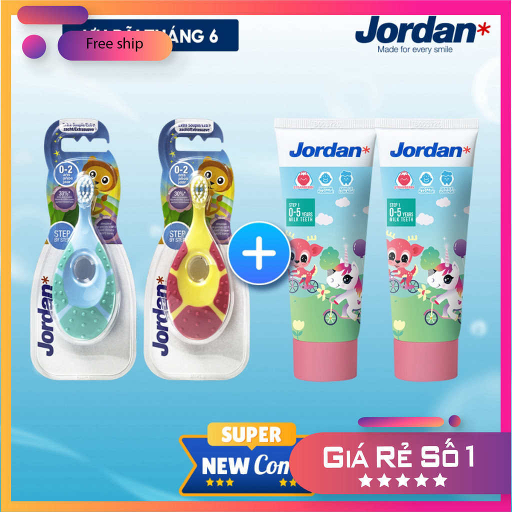 Bộ Step Baby Jordan  – 2 bàn chải đánh răng trẻ em Jordan Step 1 + 2 Kem đánh răng vị dâu Jordan Ste