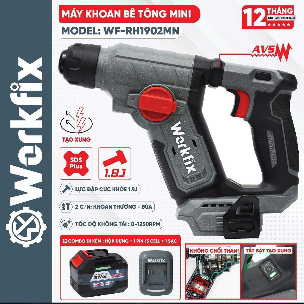 HỎA TỐC Máy khoan bê tông pin mini WORKFIX - RH1902MN, Lực Đập 1.9J, Có Giảm Chấn Rung AVS