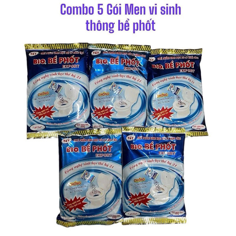 (5 gói) Men Vi Sinh Xử Lý Bể Phốt BIO 250g – Thông Tắc Bồn Cầu, Khử Mùi Hôi, Không Cần Hút Hầm Cầu