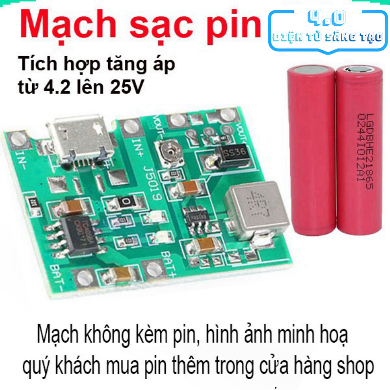 Mạch sạc pin 1S 18650 J5019 dùng IC TC4056 tích hợp mạch tăng áp 2A từ 5V lên 18V