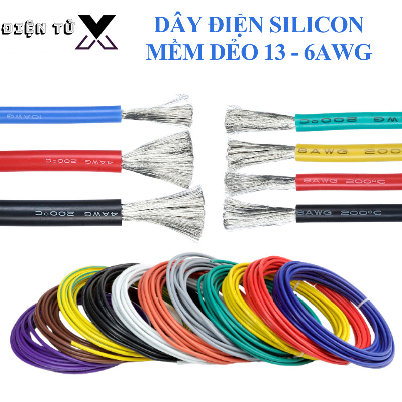 (1 mét) Dây điện silicon mềm dẻo chống cháy công suất lớn 6AWG - 13AWG