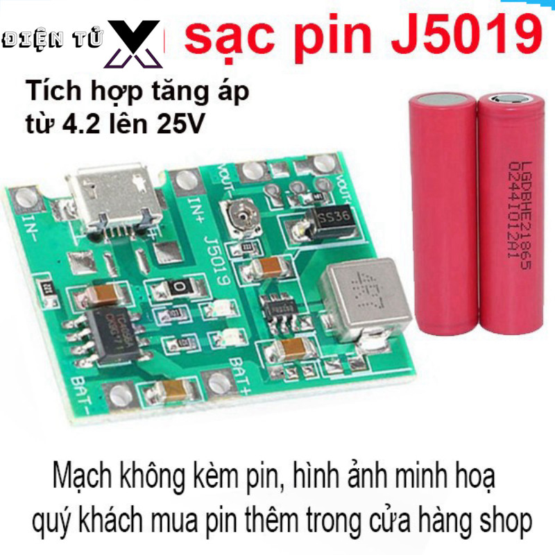 Mạch sạc pin 1S 18650 J5019 dùng IC TC4056 tích hợp mạch tăng áp 2A từ 5V lên 18V