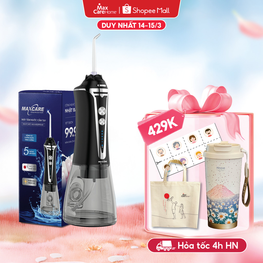 Máy Tăm Nước Cầm Tay Công Nghệ Nhật Bản Maxcare Max468Prime 5 Chế Độ, Thiết Kế Nguyên Khối 300ml