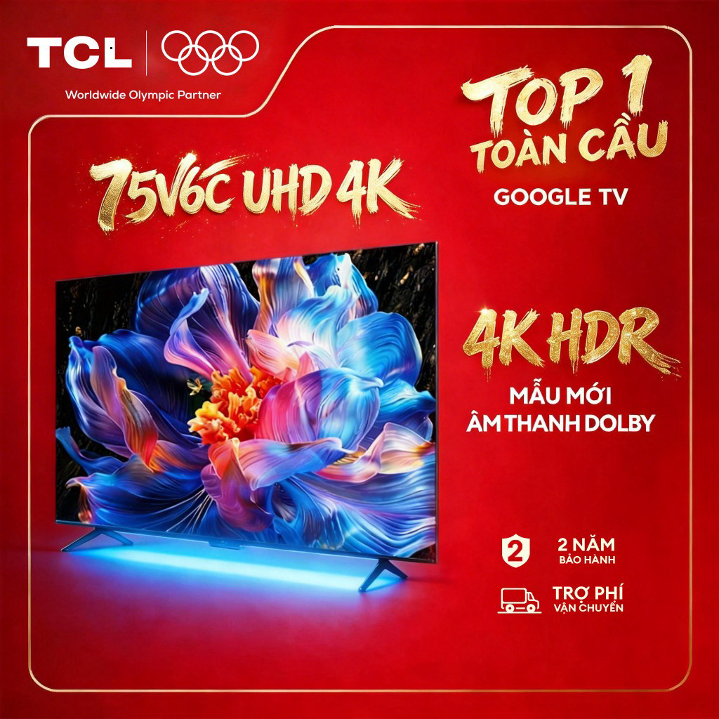【UHD 4K】75inch, Google TV TCL 75V6C,Lắp đặt 0Đ HN HCM,Tấm nền HVA,Tần số quét 60Hz,Dolby Atmos