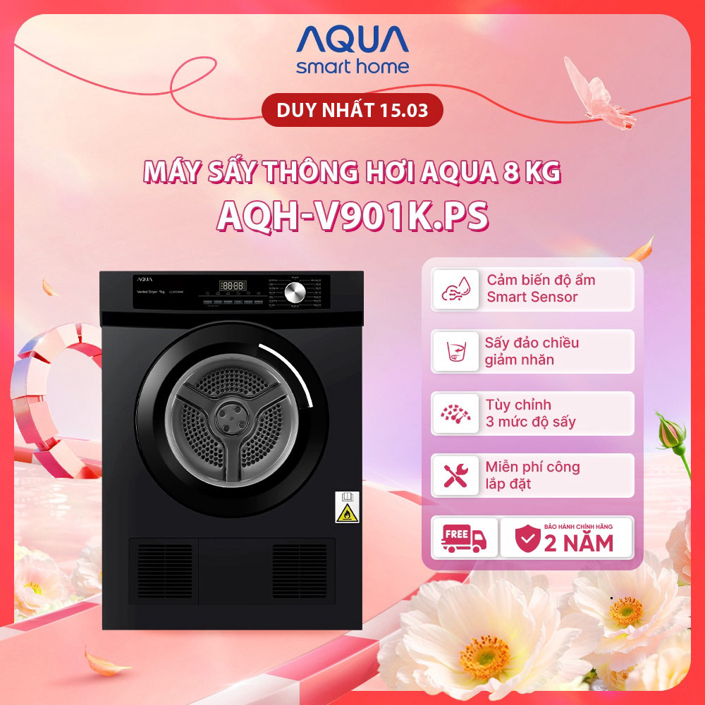 Máy sấy thông hơi Aqua 9 kg AQH-V901K PS - Freeship toàn quốc - Bảo hành 2 năm - Giao sau 5 - 7 ngày