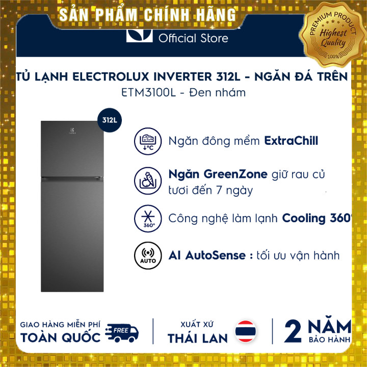 "Tủ Lạnh Electrolux AI Độc Quan 312L Series 700 Đen Nhám ETM3100L-B - Ngăn Đông Soft và AI Autosense