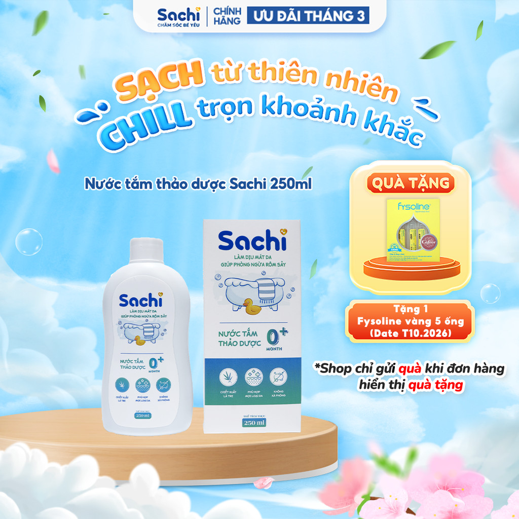Nước Tắm Thảo Dược SACHI Ngừa Rôm Sảy, Làm Ấm Hỗ Trợ Ngăn Cảm Cúm, Cảm Lạnh Cho Bé Lọ 250ml