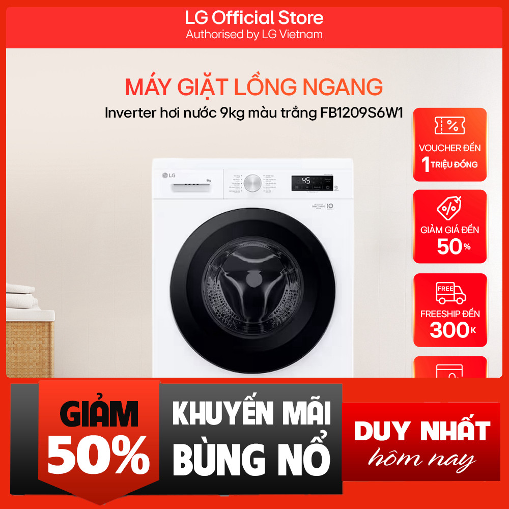 Khuyễn mãi  Máy Giặt Lồng Ngang 9kg Inverter Hơi Nước Màu Trắng FB1209S6W1 Freeship.