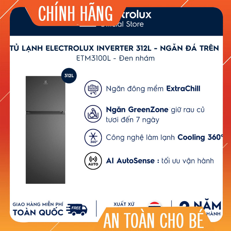 Tủ Lạnh Electrolux AI Ngăn Đá Trên ETM3100L-B Đen 312L Series 700 - Ngăn Đông Nhanh, AI Autosense Gi