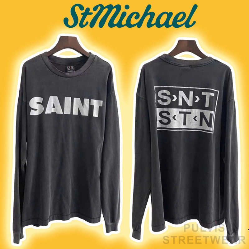 Áo Tee Saint Michael Faded Gray Ripped Saint Printed Cotton Longsleeve, Áo thun dài tay, áo nam PLV
