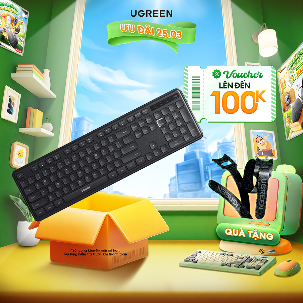 Bàn phím không dây Full size Ugreen K331 | Kết nối 2.4GHz | Vật liệu ABS chống bám bụi dễ vệ sinh | BH 18 tháng 1 đổi 1