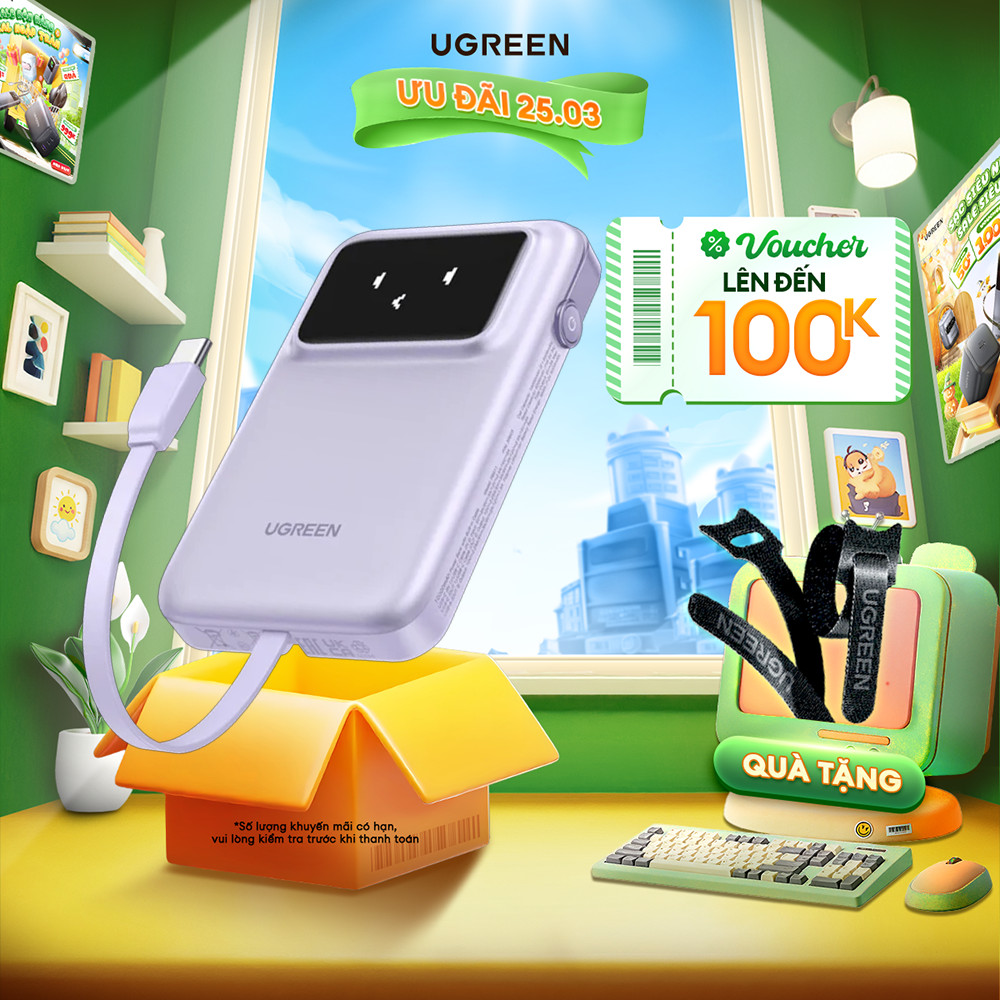 Pin Ugreen PB511 10000mAh | 30W | Sử Dụng Lõi Pin Li-Po | Tích Hợp Cáp USB-C | Bảo Hành 18 Tháng 1 Đ