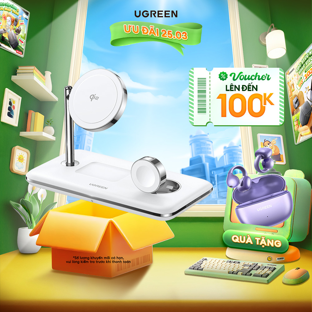 Sạc không dây MagSafe 3 trong 1 Ugreen CD278 | Chứng nhận MFi | Bộ sạc không dây 25W | Bảo Hành 18 T