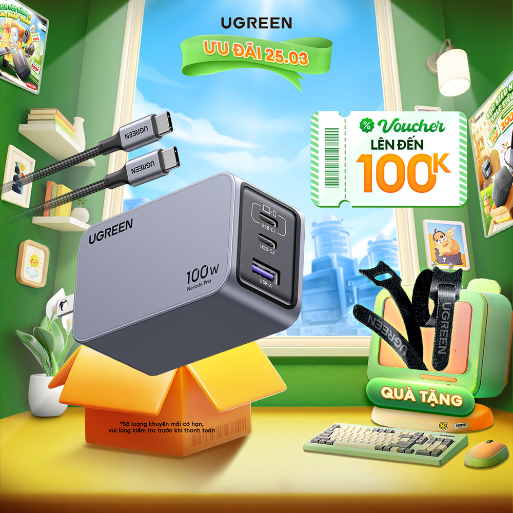 Bộ sạc nhanh UGREEN 100W Nexode GaN Pro X757 | 3 cổng sạc USB C/USB A | Kèm cáp sạc nhanh Type-C 100