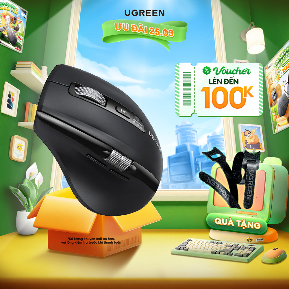 Chuột không dây Ugreen MU006 Chế Độ Kép Chuột Ergonomic 4000 DPI | 6 Nút Tắt Tiếng | BH 18 tháng 1 đ