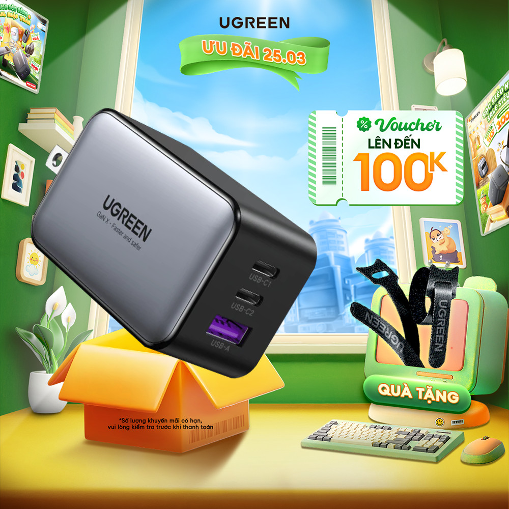 Củ sạc nhanh CD244 Nexode / Cốc sạc nhanh RoboGaN Mini CD361 65W UGREE | 3 cổng Sạc Nhanh | Công ngh