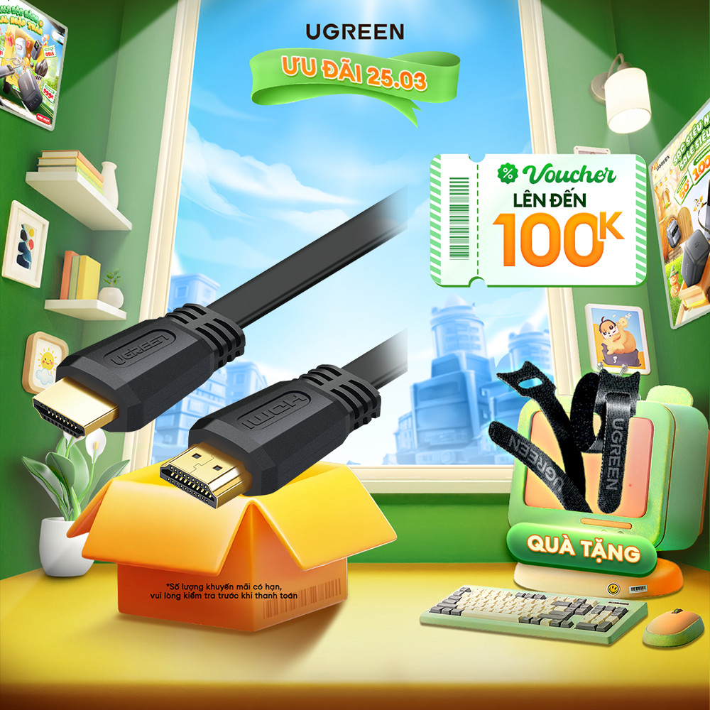 Cáp HDMI 2.0 Ugreen ED015 Dạng dây bẹt | Hỗ trợ độ phân giải 3D 4Kx2K 4096x2160p/30Hz | Bảo Hành 1 đổi 1 18 Tháng |
