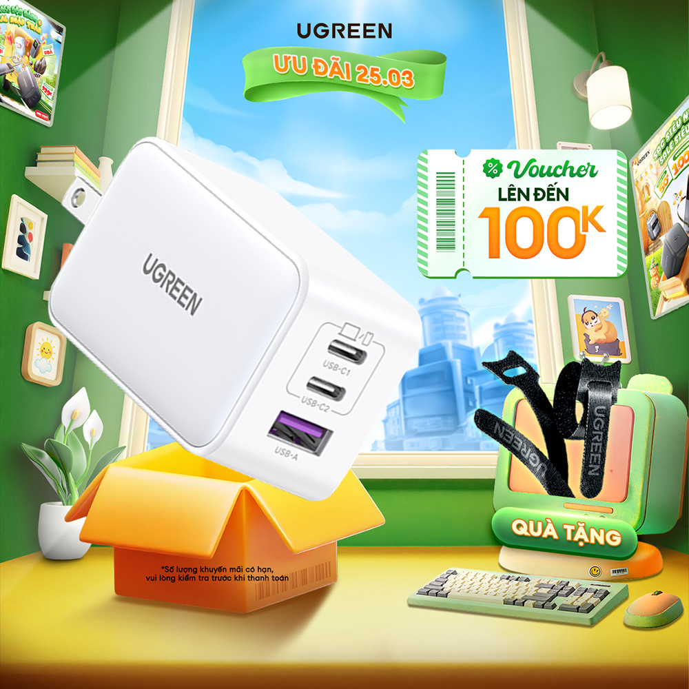 Củ sạc nhanh 65W Nexode UGREEN CD244 | 3 cổng Sạc Nhanh | Công nghệ GaN II | BH 18 tháng