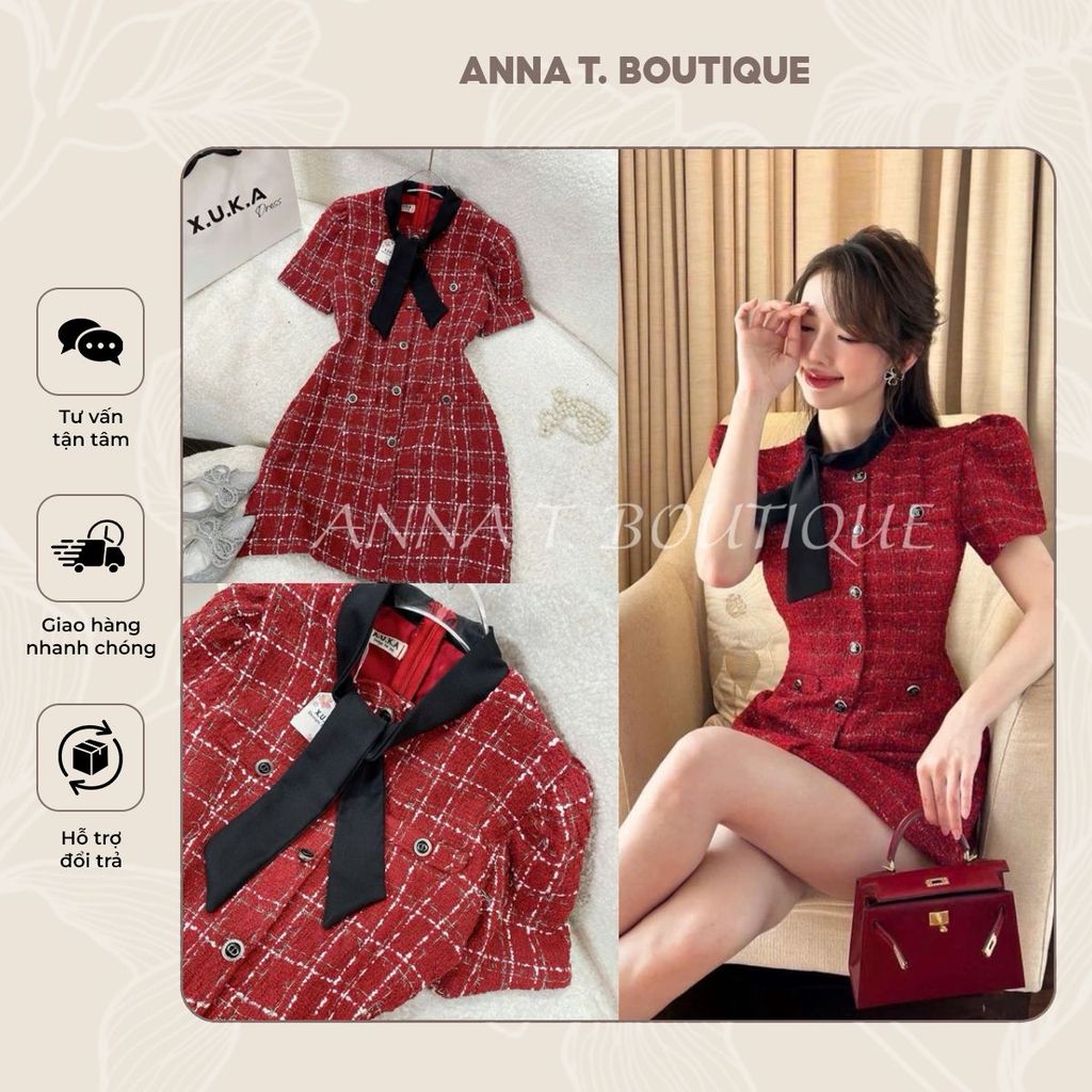 ANNA T. BOUTIQUE- Đầm dạ đỏ cổ nơ