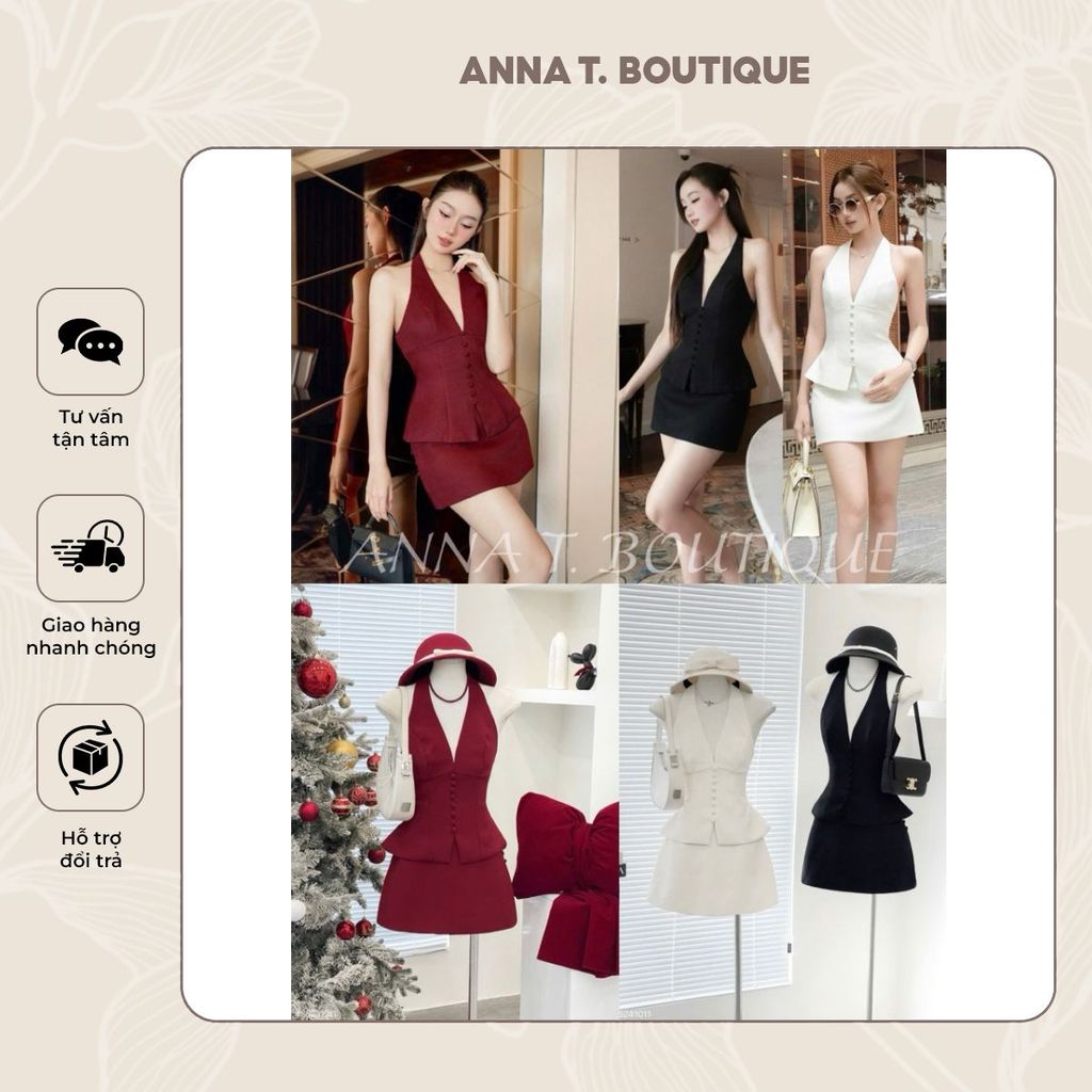 Set áo cổ yếm hở lưng nút bọc phối chân váy ngắn 3 màu kem/đen/đỏ sang chảnh COSY – ANNA T. BOUTIQUE