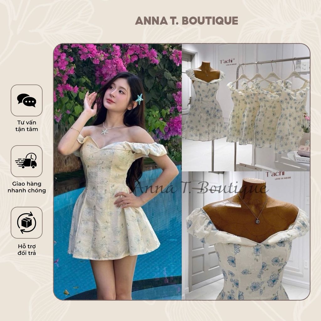 ANNA T. BOUTIQUE - Đầm ren hoa xanh rớt vai