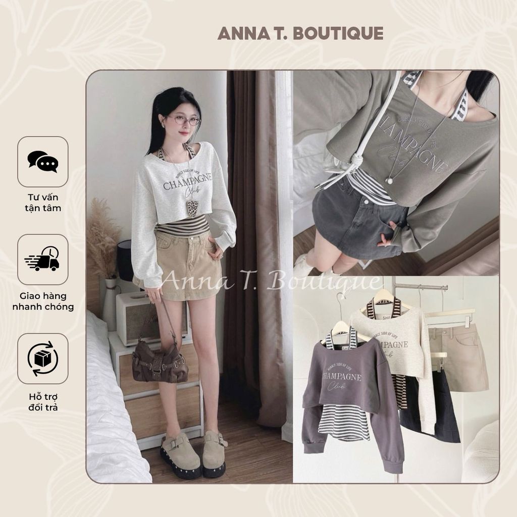 ANNA T. BOUTIQUE - Set 3 món : áo croptop mix áo yếm kẻ sọc + chân váy kaki