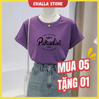 Áo phông nữ form vừa chất COTTON 100% mềm mịn, thoáng mát, màu TÍM, in chữ PARADISE