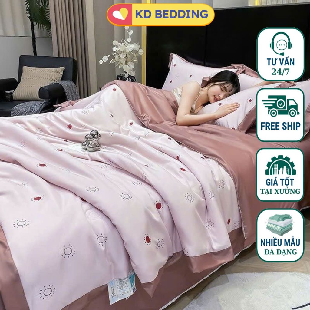 Bộ Chăn Ga Gối Lụa Thái 4 Món Màu Hồng Họa Tiết Mặt Trời,Mềm Mịn,Đủ Size