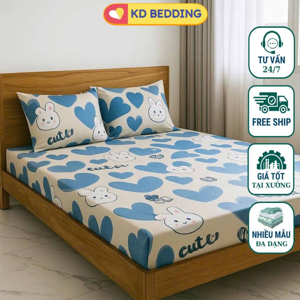 Bộ Ga Gối 3 Món Cotton Poly – 1 Ga Chun + 2 Vỏ Gối Nằm – Bọc Đệm 2–10cm – Không Kèm Chăn Mẫu thỏ trắ