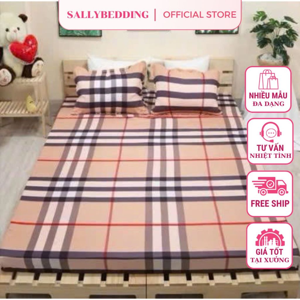 Bộ Ga Gối 3 Món Cotton Poly – Nhiều Mẫu Mới, Bọc Đệm 2–10cm, Không Kèm Chăn, Mẫu Kẻ Bbr