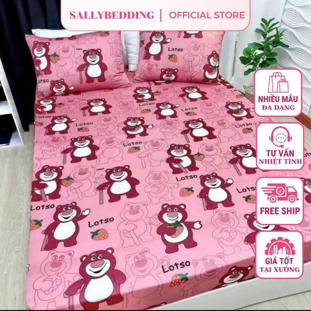 Bộ Ga Gối 4 Món Kèm Vỏ Gối Ôm,Không Kèm Chăn,Bọc Đệm 2–10cm, Đủ Size,Mẫu Gấu Chống Gậy