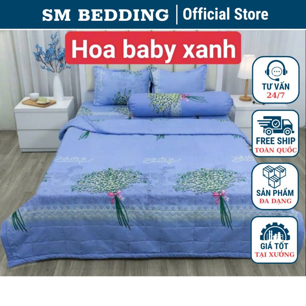 Combo ga gối kèm vỏ gối ôm set 4 món(không kèm chăn) mẫu hoa baby xanh
