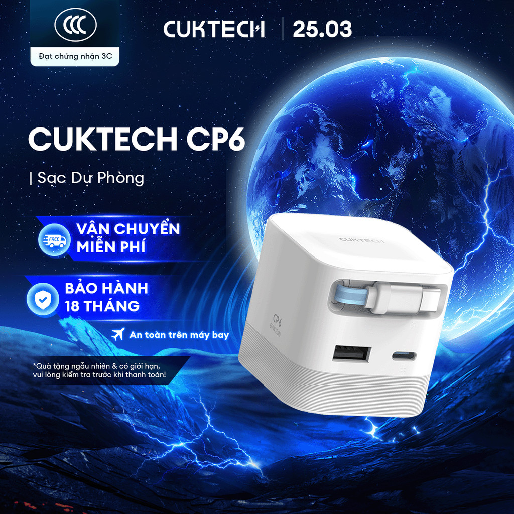 Củ Sạc GaN CUKTECH CP6 Kèm Cáp C Rút Gọn | Công Suất Sạc MAX 67W | Cổng Sạc 2C1A | Bảo hành 18 Tháng