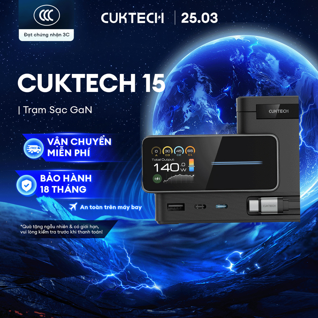 Trạm Sạc GaN CUKTECH 15 6in1 | Công Suất Max 140W | Màn Hình 1.83 Inch | Bảo Hành 18 Tháng TA1406U