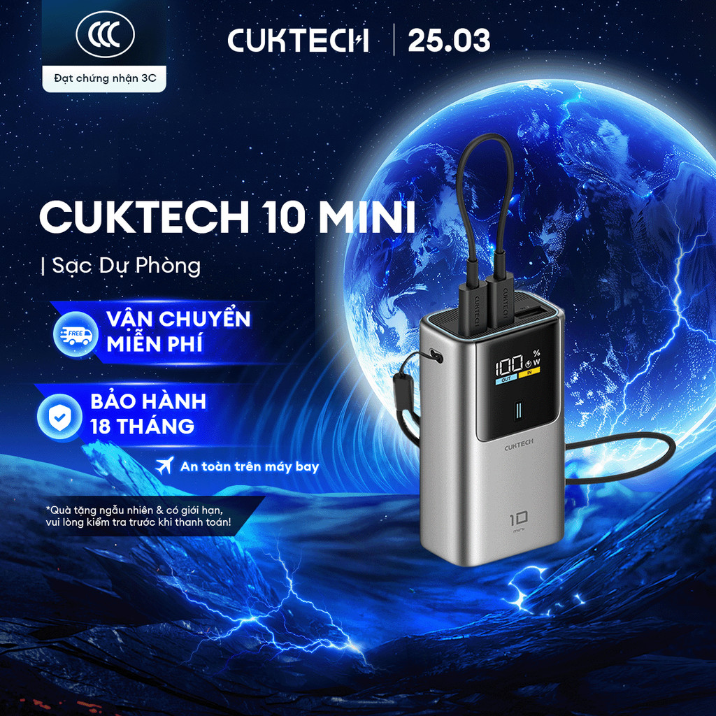 CUKTECH 10 MINI Sạc Di Động 2C1A | Sạc Nhanh 55W Max | Dung Lượng 10.000mAh | Bảo Hành 18 Tháng PB10