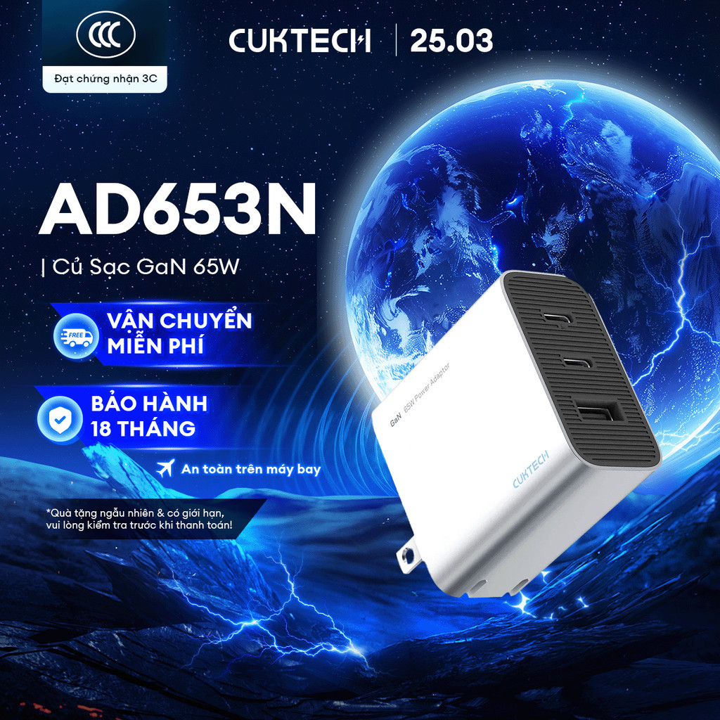 Củ Sạc GaN CUKTECH AD653N 2C1A | Công Suất Max 65W | Kích Thước Nhỏ Gọn | Bảo Hành 18 Tháng